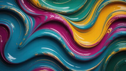 Abstract colorful waves flow seamlessly, creating a vibrant liquid art wallpaper with a metallic blue and gold swirl pattern