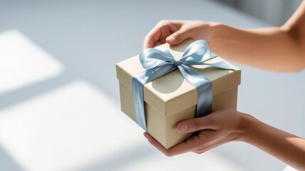 Hands holding a simple kraft paper gift box tied with a luxurious blue satin ribbon