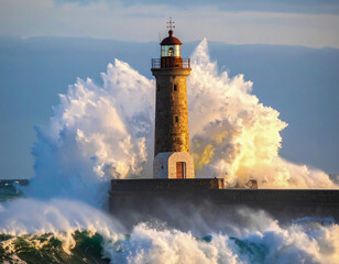 Landscape with huge waves breaking against a lighthouse in the ocean