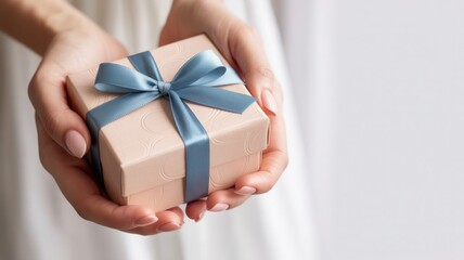 Hands holding a simple kraft paper gift box tied with a luxurious blue satin ribbon