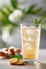 Fototapeta premium Refreshing ginger ale served chilled with ice and garnished with ginger slices on a wooden table