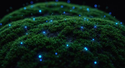 Glowing Green Moss Landform with Blue Bioluminescent Lights in Dark Environment