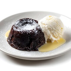 Decadent chocolate lava cake served with vanilla ice cream and creamy sauce on a white plate