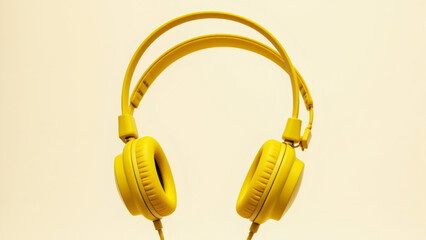 Yellow Headphones Isolated on Beige Background - Music and Audio Equipment Stock Photo