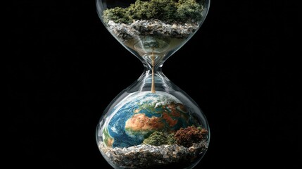 Earth trapped in an hourglass as a symbol of climate change, sustainability, and the urgent need for environmental protection.