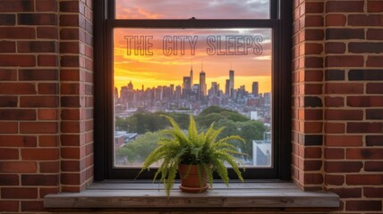 City skyline at sunset viewed through a window with a potted fern
