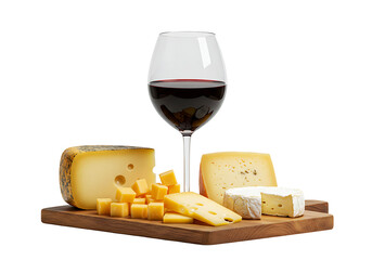 Wine glass  cheese block assortment on a wooden board against a black backdrop