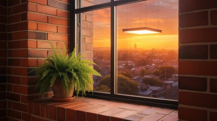 Cozy window view with warm sunset glow illuminating cityscape and interior decor