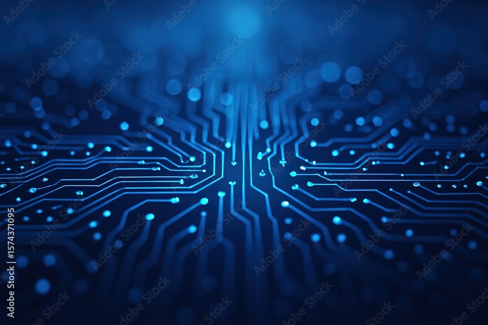 Poster abstract blue circuit board with glowing lines and nodes representing technology and data flow