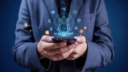 Person in suit using smartphone with ai assistant hologram and futuristic icons