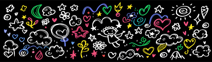 Colorful Hand-Drawn Doodle Collection: Hearts, Stars, Clouds, and More