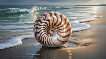 Close up of a large spiral seashell on a wet sandy beach with gentle waves, seashell on the beach