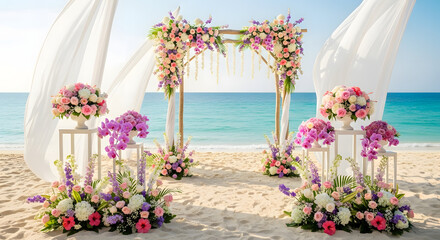 Beautiful wedding arch decorated with colorful flowers on a sandy beach with turquoise ocean in the background.