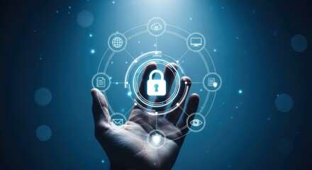 Hand Holding Digital Padlock with Security Icons on Blue Background