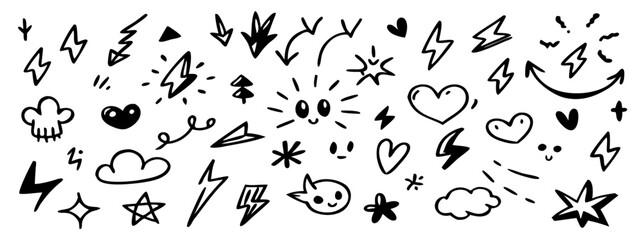 Hand-drawn Doodle Set: Lightning Bolts, Hearts, Stars, Clouds