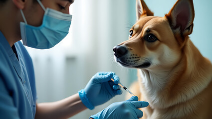 Veterinarian Administering Vaccine to Dog in Clinic for Pet Health and Wellness