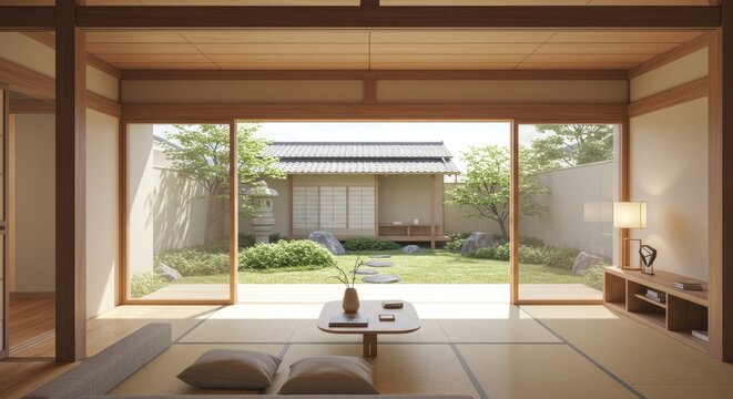 Photo of A bright japanese room with tatami mats and shoji screens overlooking a zen garden