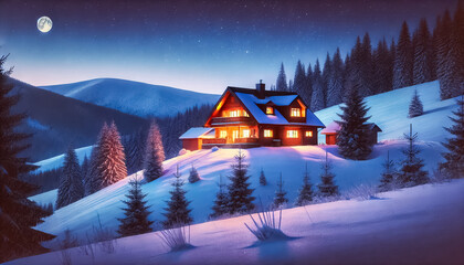 Snowy Mountain Lodge at Dusk with Illuminated Windows
