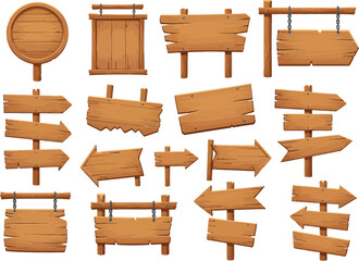 Collection of various wooden signs and directional pointers with different shapes and styles for navigation and information