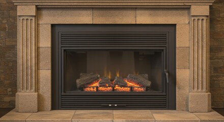 Photo of A classic stone fireplace with a glowing fire in a traditional home