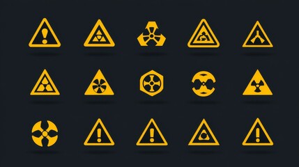 Flat vector icons of biohazard symbols in yellow triangle signs used for warning labels, packages, or industrial tags.
