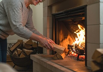 Photo of A smiling woman adds wood to a warm fire in a modern fireplace at home
