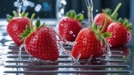 Fresh strawberries being washed under streams of water with droplets flying