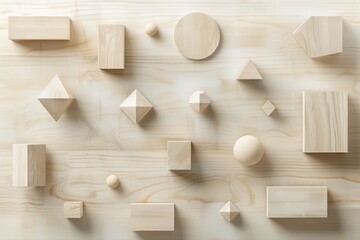 Natural wooden geometric shapes create an abstract minimalist composition on a light wood background ideal for architectural and educational design