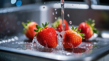 Fresh strawberries being washed under streams of water with droplets flying