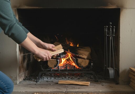 Photo of A person adds wooden logs to a roaring fire in a traditional stone fireplace
