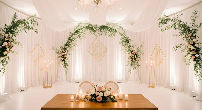 Elegant wedding ceremony backdrop with floral arch and modern design.