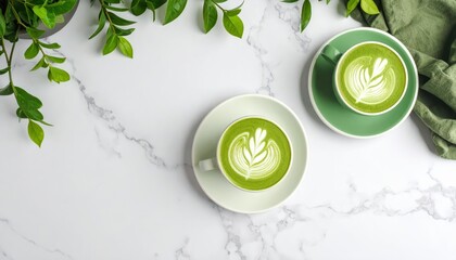 green matcha latte with heart-shaped latte art on white saucer surrounded by fresh green leaves on marble surface