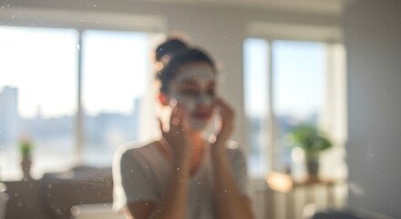 Photo of A blurred woman applies a cosmetic face mask in her apartment on a sunny morning