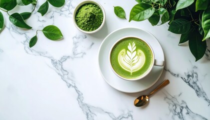 green matcha latte with heart-shaped latte art on white saucer surrounded by fresh green leaves on marble surface