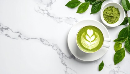 green matcha latte with heart-shaped latte art on white saucer surrounded by fresh green leaves on marble surface