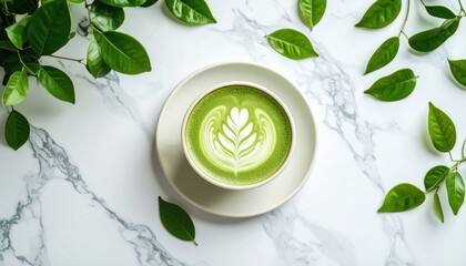 green matcha latte with heart-shaped latte art on white saucer surrounded by fresh green leaves on marble surface