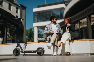 Two coworkers are seated on an urban bench discussing work under the sunny sky, with a foldable...