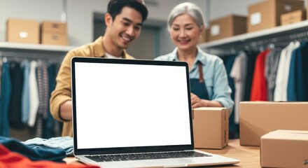 Photo of Asian business partners packing boxes while using a laptop in their clothing store