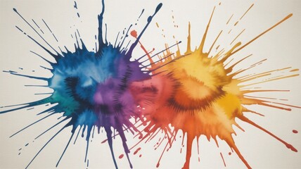 Vibrant watercolor paint splatters in blue purple and orange on a textured paper background