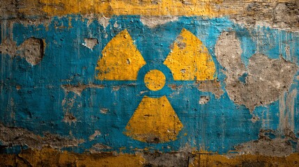 A worn, distressed background featuring the nuclear radiation warning symbol.