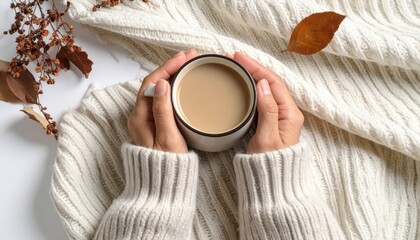hands in cozy sweater holding coffee cup with autumn leaf on soft blanket in warm relaxing seasonal mood