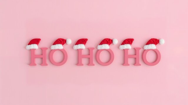 Playful “HO HO HO” Text with Santa Hats on Pink Background - Powered by Adobe