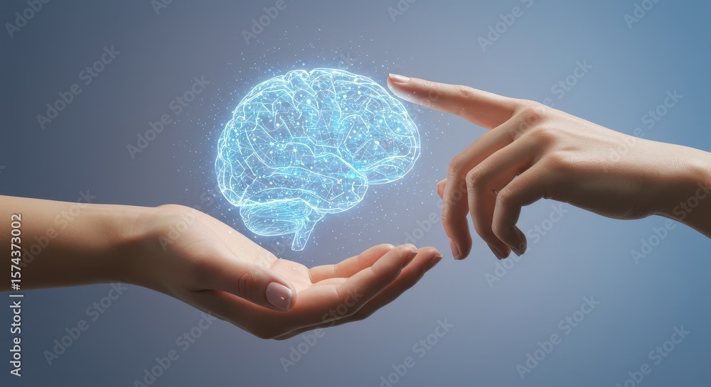 Poster photo of two hands interact with a glowing digital brain representing artificial intelligence and
