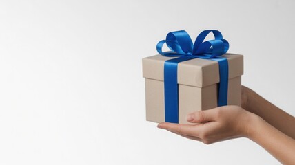 Hands holding a simple kraft paper gift box tied with a luxurious blue satin ribbon