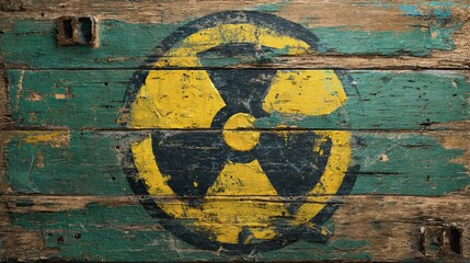 A worn, distressed background featuring the nuclear radiation warning symbol.