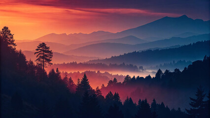 Peaceful mountain valley with multiple ridges fading into misty distance, warm sunset colors blending from orange to deep blue evening sky.