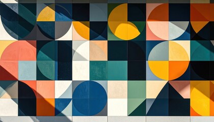abstract geometric composition with overlapping primary shapes in bold red, yellow, blue, and black tones enhanced by shadows and layered depth