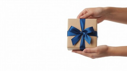 Hands holding a simple kraft paper gift box tied with a luxurious blue satin ribbon
