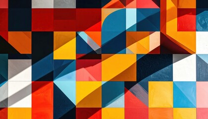 abstract geometric composition with overlapping primary shapes in bold red, yellow, blue, and black tones enhanced by shadows and layered depth
