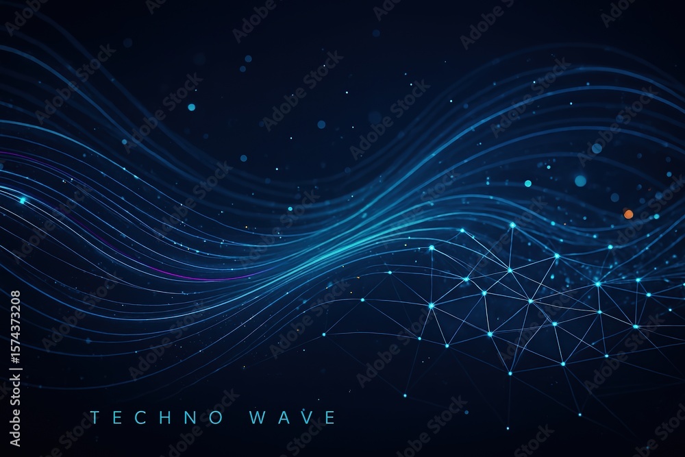 Poster abstract blue techno wave network with glowing particles and data streams on a dark background